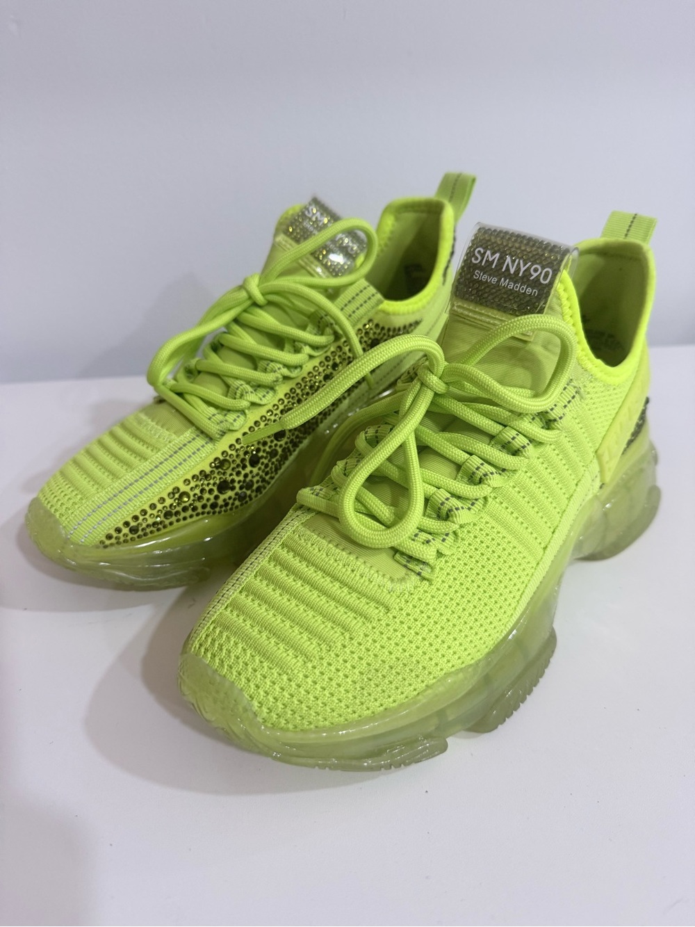 Steve Madden Neon Lime SM NY90 Knit Sneaker with Sparkle Detail‎
